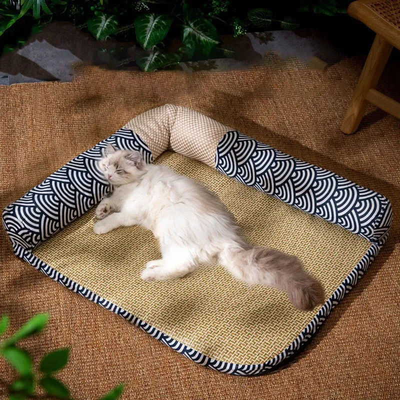 Mats Sl Summer Pet Refoling tappetino rattan con cuscino Capo letto fresco letto rimovibile gatti lavabili pad ghiaccio usura resistenza cucciolo letti da gattino cucciolo