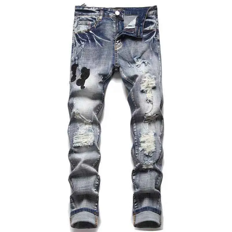 Dżinsy projektant dżinsów fioletowe dżinsy imitacja starych rozerwanych motocyklistów damskich jeansów czarne spodnie męskie