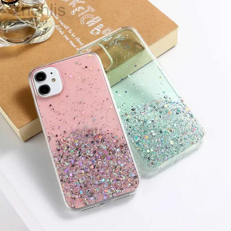 Case di telefonia cellulare Custodia stella glitter gradiente di lusso per iPhone 14 13 12 xr xs pro max iPhone 8 7 6s 6 più se2020 Case di copertura TPU morbida Clear D240424