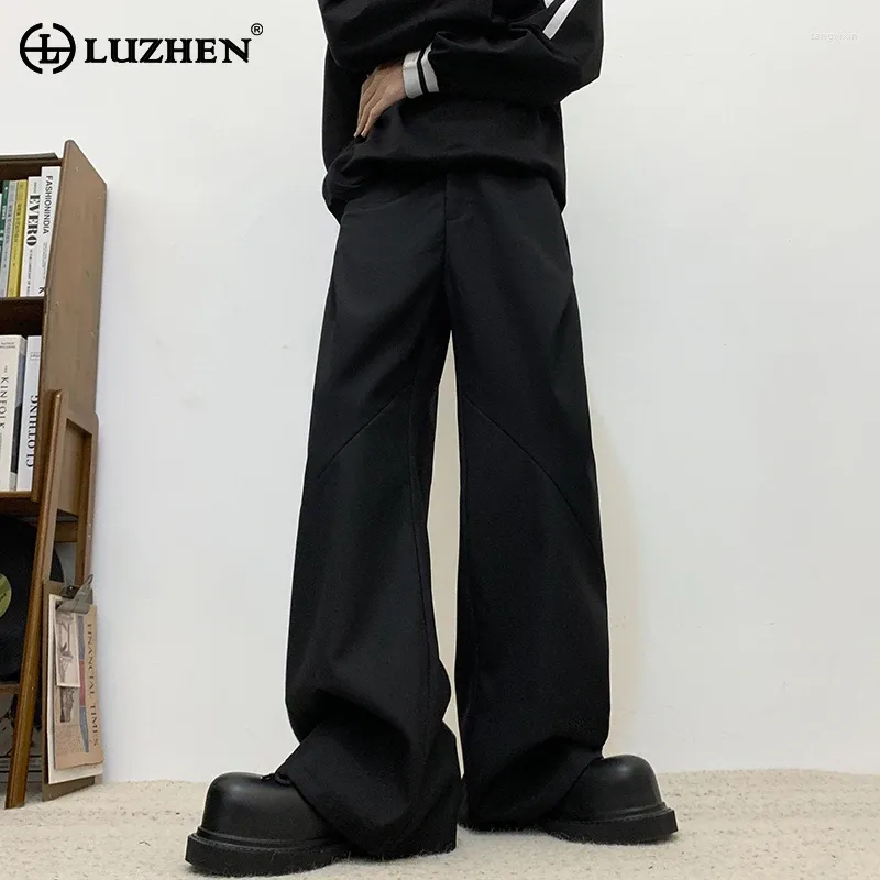 Calças masculinas luzhen moda elegante solta casual reto 2024 cor sólida calça prega masculina original lz2259