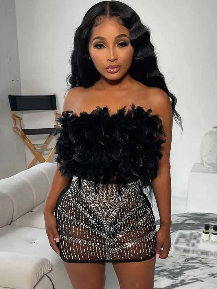 Sheer Rhinestone Feather Corset Black Sparkly Dress - Perfect for Club Nights, Weddings, and Parties - Sexy Mini Shoe (M241123)