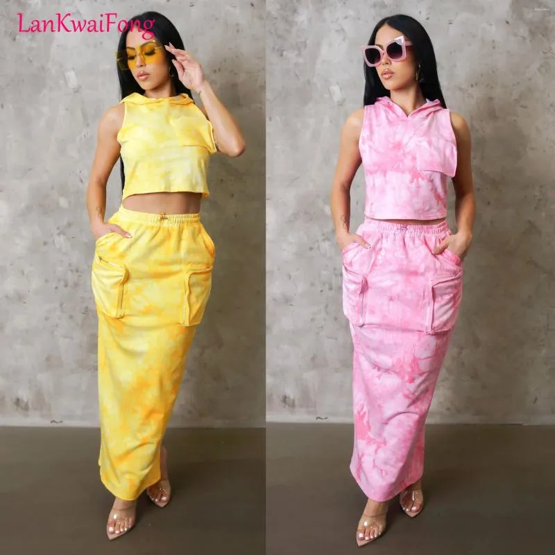 Work Dresses LKF Street Trend Skirt Suit Loose Printed Hooded Workwear Pocket Sleeveless Vest Top Slit Two-piece Set Wholesale