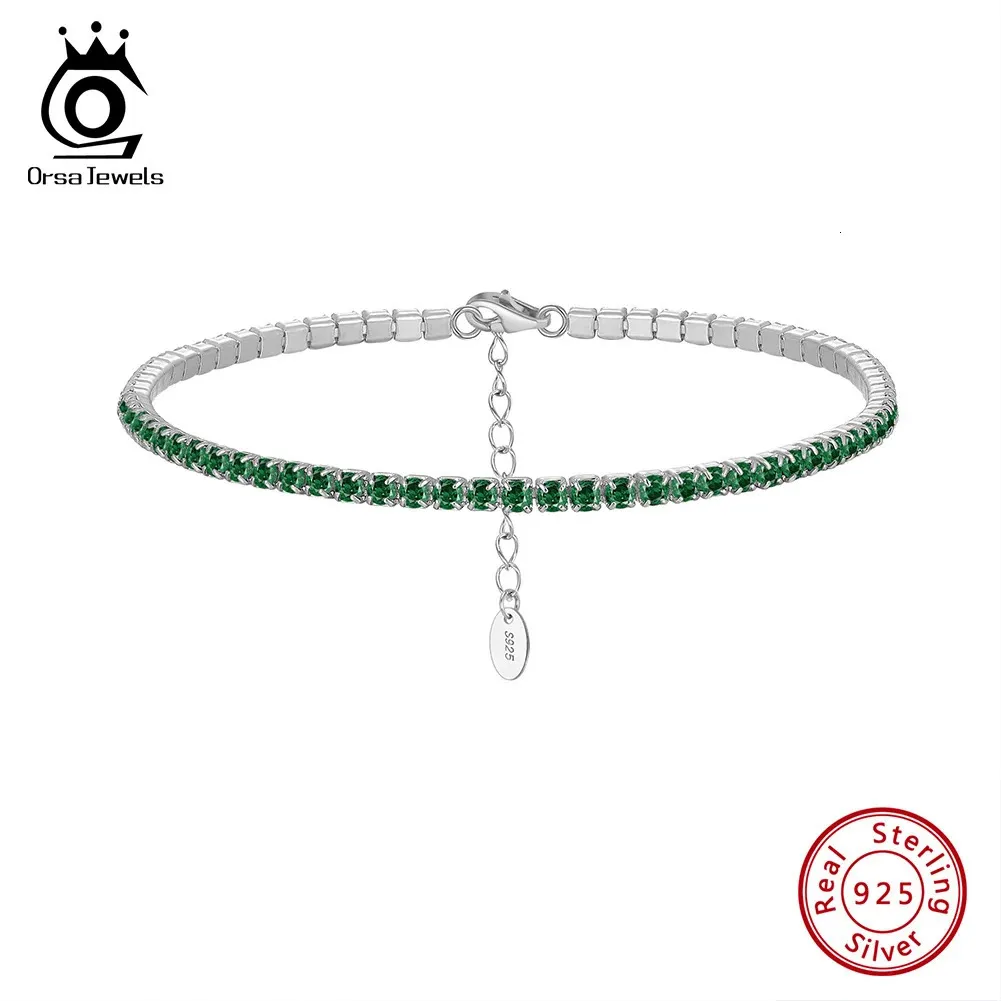 ORSA JEWELS LUXURY 925 STERLING SILVER GREEN 4A CZテニスブレスレット女性用2mmジルコンジュエリーSB191 240423