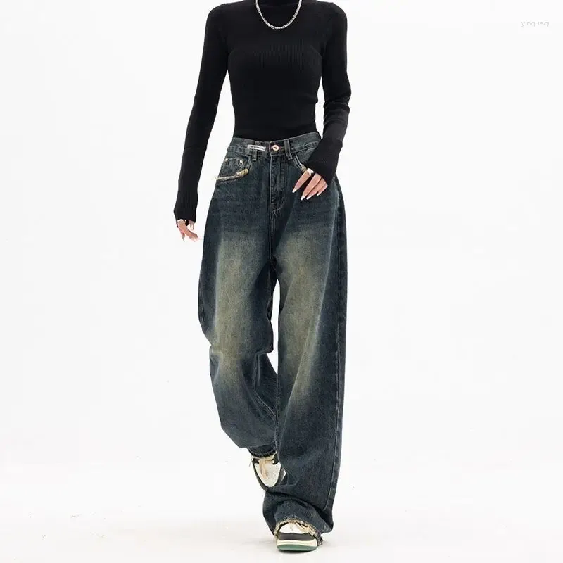 Frauen Jeans Retro Blue Harajuku Street Vielseitige Mode Ladies High Taille Gradient American Wide Lein Hosen losen2024y2k