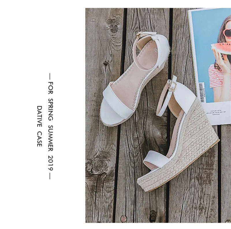 Big Size 34-44 Bohemian Wedges Women Sandals Buckle Strap High Platform Espadrilles Lady Shoes Peep Toe White Pu High Heel Pumps (15)