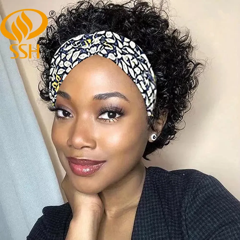 Perücken SSH kurze lockige Schal -Stirnband -Perücken Afro Kinky Curly Hair Perücken Turban Wickel Perücken brasilianische Remy menschliche Haar Perücken für schwarze Frauen