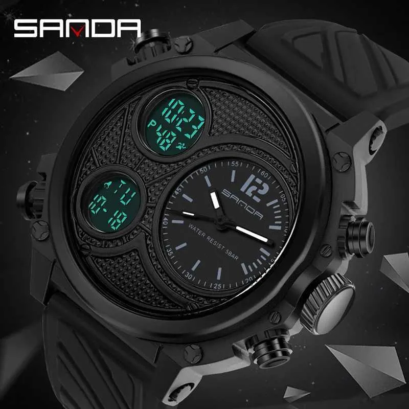 Armbanduhr Sanda LED Digital Sport Uhren 50 m wasserdichte elektronische Armbanduhr dreimal Display Quarz Uhr für Männer Wecker 3002 240423