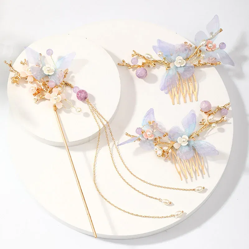 Sets FORSEVEN Chinese Hair Accessories Women Flower Pearls Hairpins Long Tassel Headpieces Sticks Hair Comb Bridal Jewelry Sets