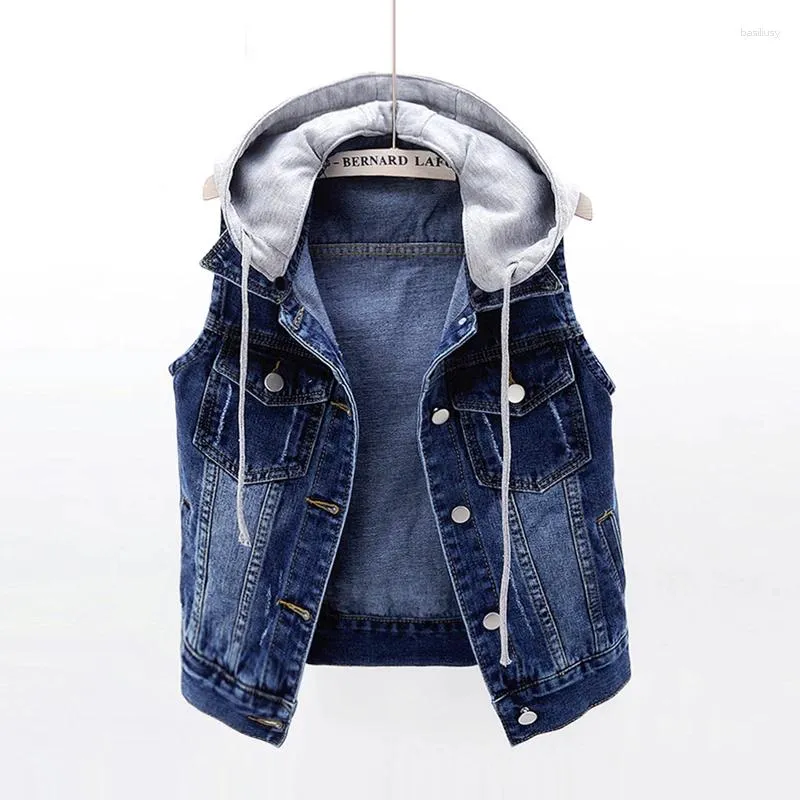 Women's Vests Removable Hooded Vintage Denim Vest Women Waistcoat Loose Short Cowboy Sleeveless Jacket Korean Big Pocket Jeans Female