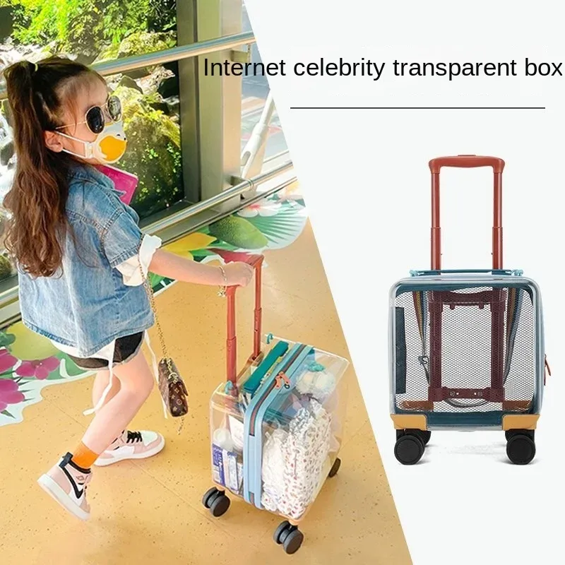 Bagage New Kids resväskor Transparent bagagetecknad 14 tum vagn Case Lätt universell hjul resor resväska lat skolväska