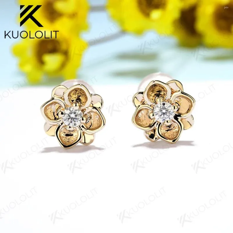 Brincos de garanhão kuololit sólido 9k amarelo ouro rodada de 2,1 mm moissanita para mulheres forma de flor jóias finas noivado de casamento