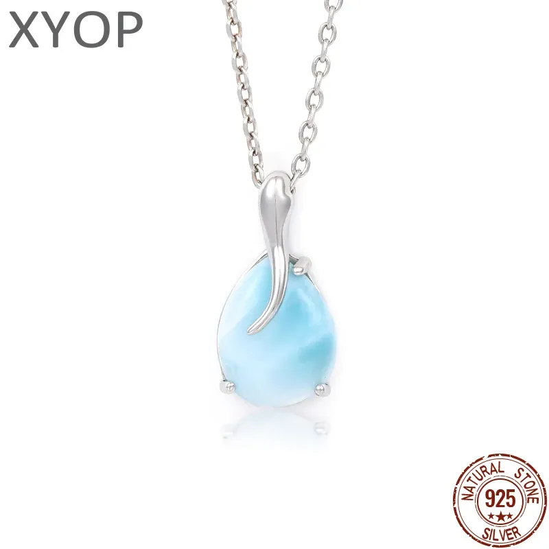 Halsband pläterade guld 925 sterling silver smycken gåvor klassisk hänge halsband naturlig ädelt larimar retro kvinna oval charm