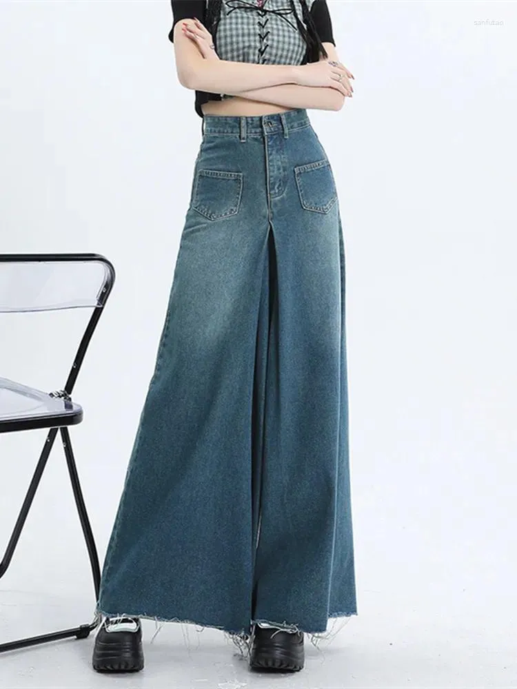 Jeans femininos de cabelos altas da cintura larga calças de esfregaço com arestas e pernas largas