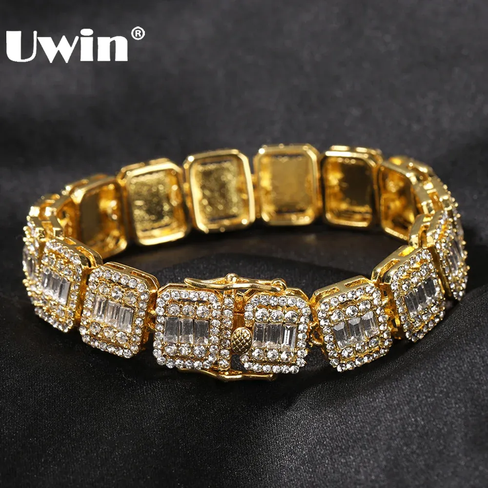 Brazalete uwin 13 mm aleación de zinc cuadrado rhinestons pulseras clúster piedras de cristal pulseras de color dorado joyería de hip hop joyas para regalo