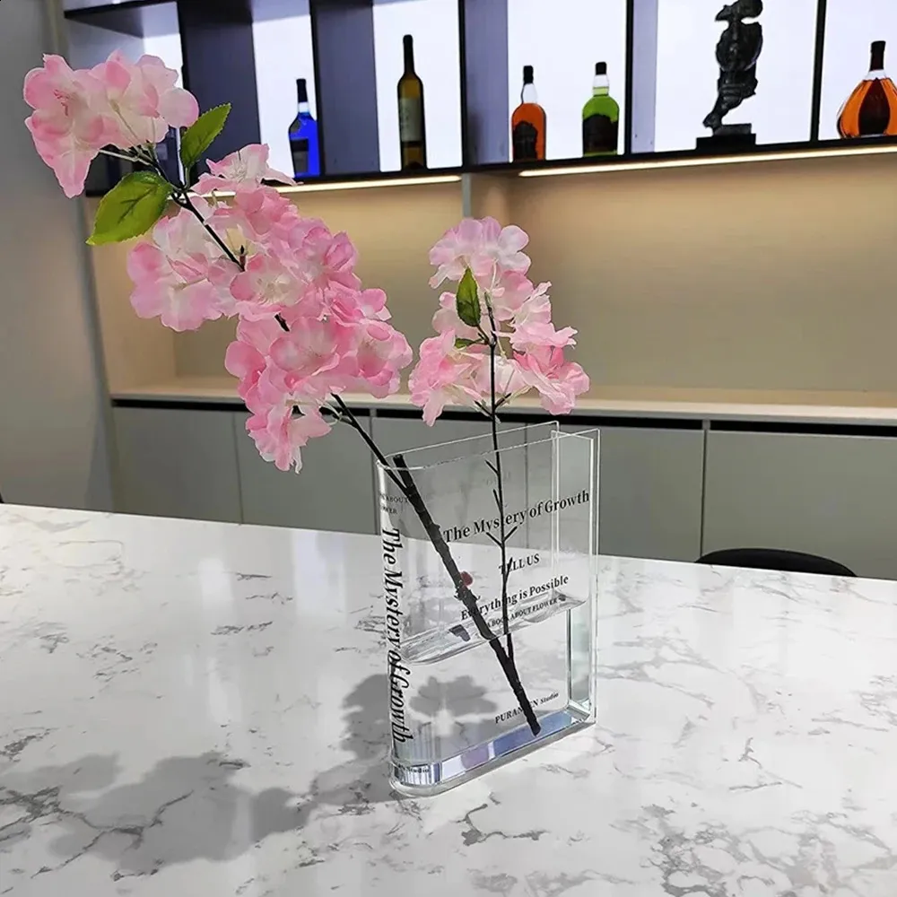 アクリル透明な花瓶成長本型の花柄の北ユーラシアのフラワーボックスカーブド花瓶装飾クリア240417