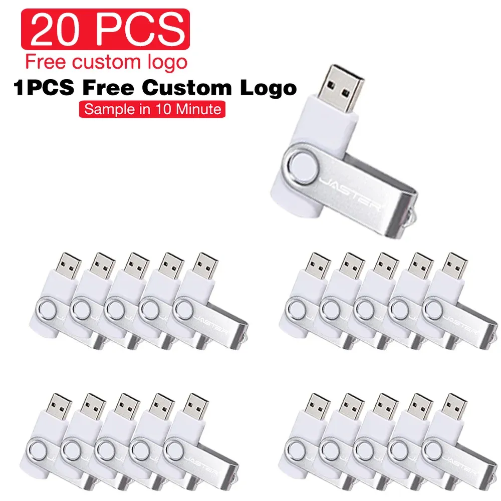 Drives Jaster Free Custom Logo Memory Stick 128 GB 20 PCS Lot USB Flash Drives 64 GB White Pen Drive 32 GB Metal USB Stick 16 GB Rotatable