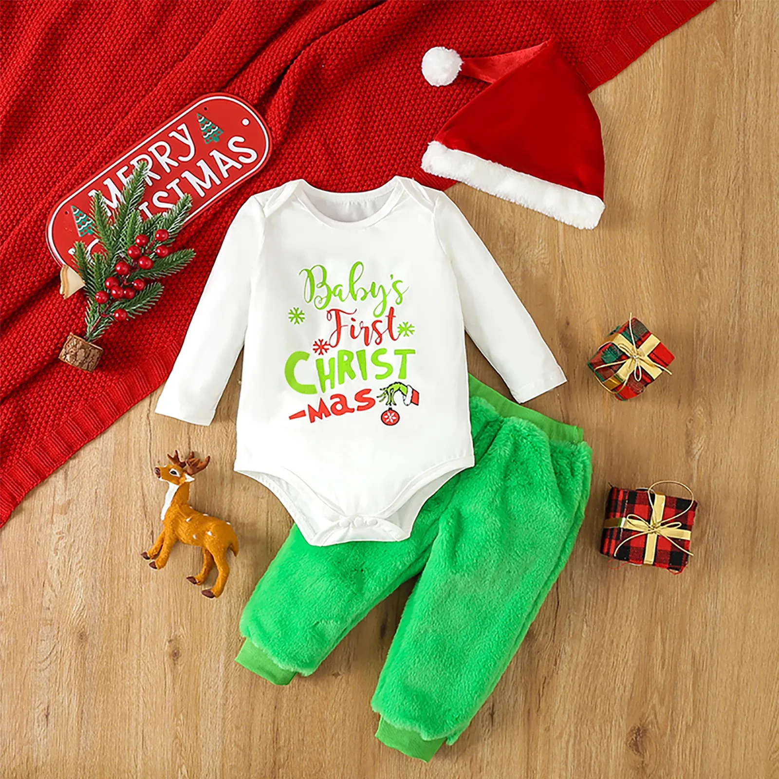 Устанавливает Mababy 012M Рождественский новорожденный малыш для младенца мальчика для мальчика для девочек набор одежды для шляпы печати для печати Romper зеленые брюки Рождество наряды D05