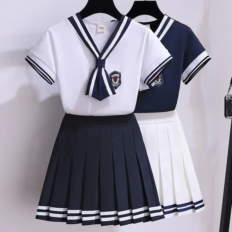 Shirts Children Disse School Uniform Pak Zomermeisjes Kleed Sets JK Shortsleeved geplooide rokpak Kinderen Aline Rok tracksuits