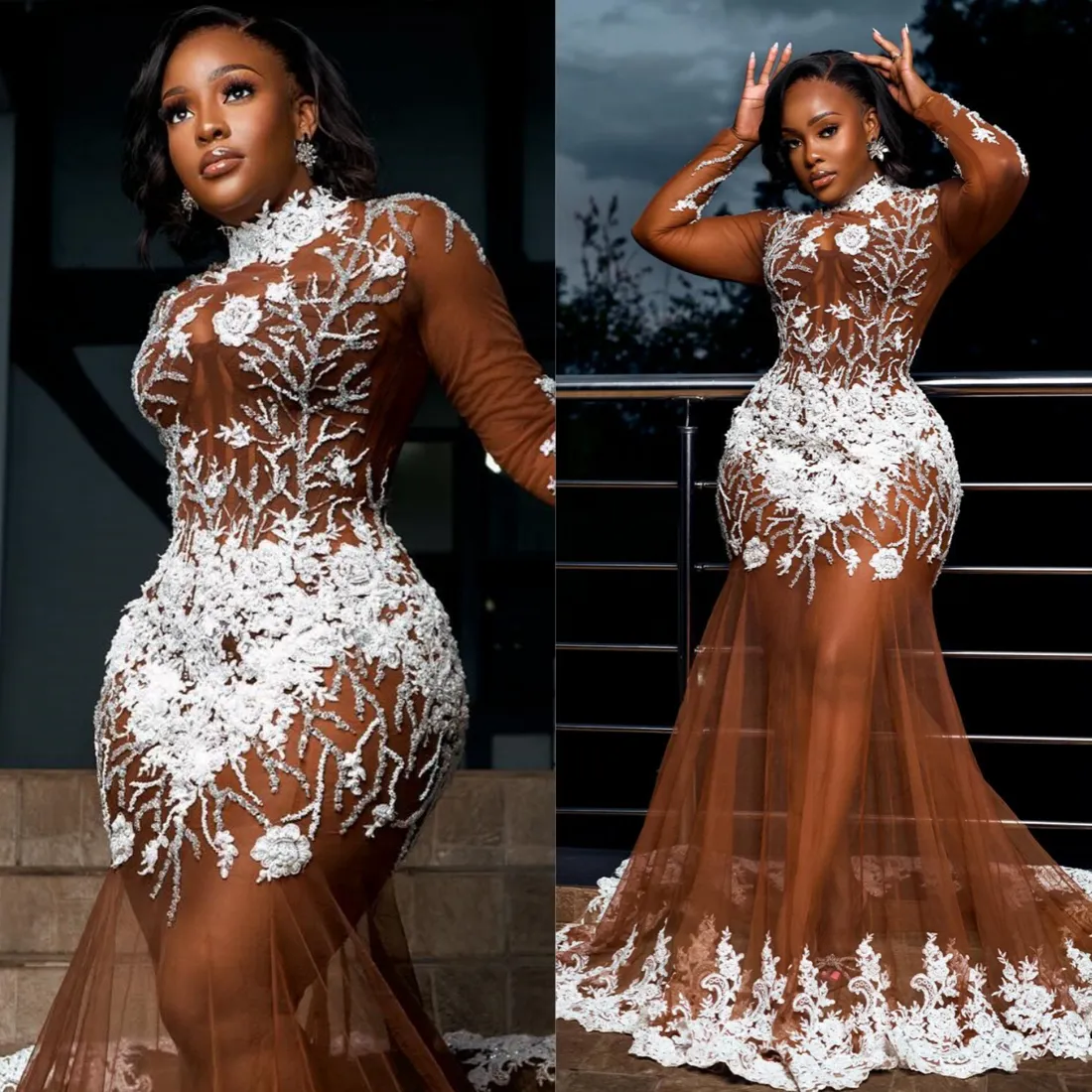 2024 Plus Size Prom Dresses for Black Women Illusion Promdress for Special Occasions High Neck Long Sleeves Appliqued Beads Lace Birthday Dress Reception Gown AM772