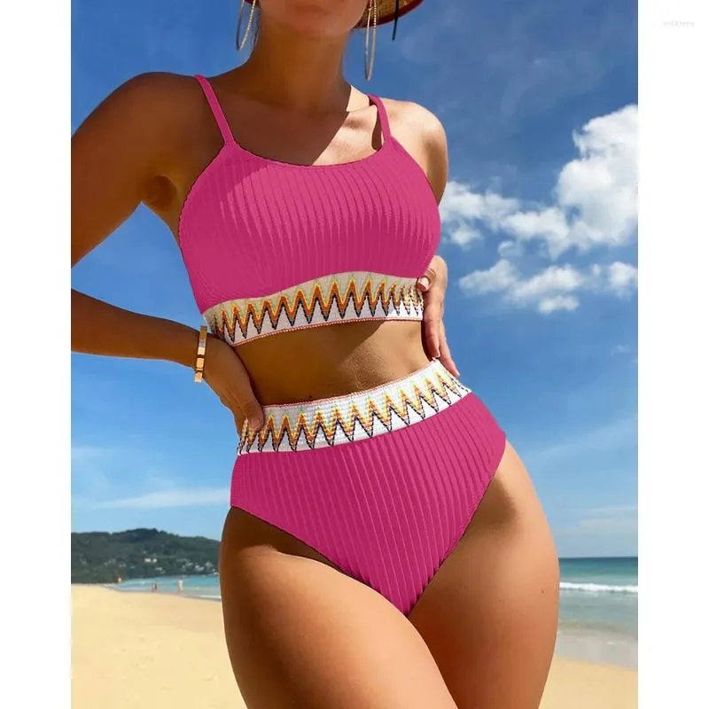 Costumi da bagno femminile Donne a costine di spaghetti Craop Cror Top Top High Bikini set Bikini Summer 2 pezzi Outfit da spiaggia 2024 Sexy Swimsuit