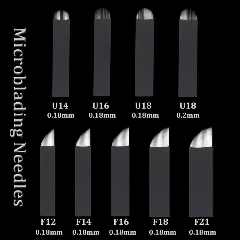 Aghi 100pcs Laminas Tebori 0,18 mm Microblading Aghi Flex 12/14/16/18/21/14U/16U/18U Pins Nano Blade per permanente per il trucco permanente