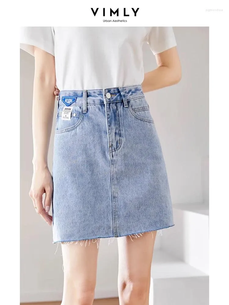 Jupes Vimly Soft Denim Mini pour les femmes 2024 Retro Casual Eleging High Taist Thin A-Line Classic Summer Short Jean Jirt 70887