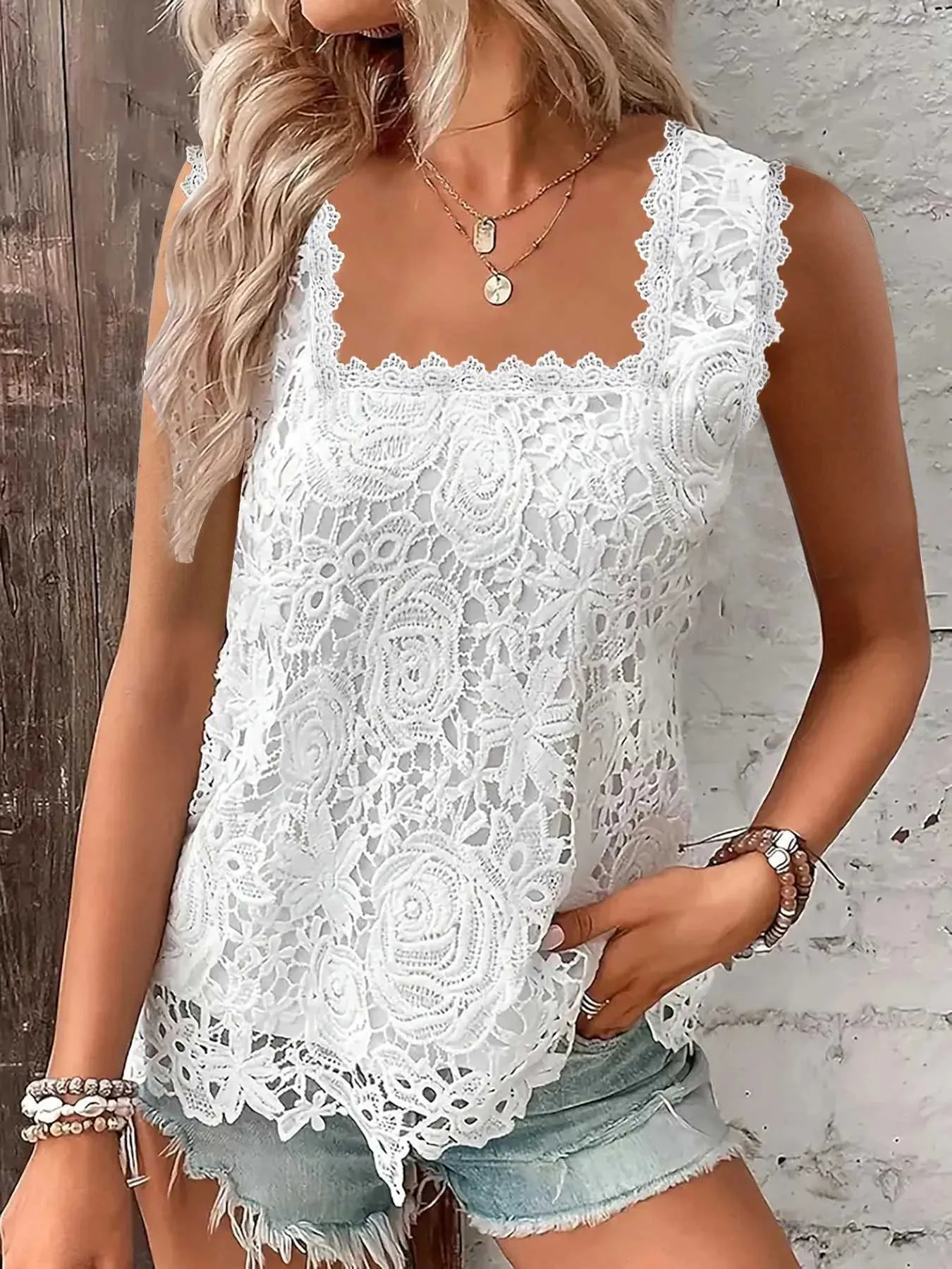 Women's T-Shirt Summer Fashion Ladies Lace Jacquard Sleeveless Casual Women vintage T-Shirt S-XXL Floral Vest camisole Halter top 240423