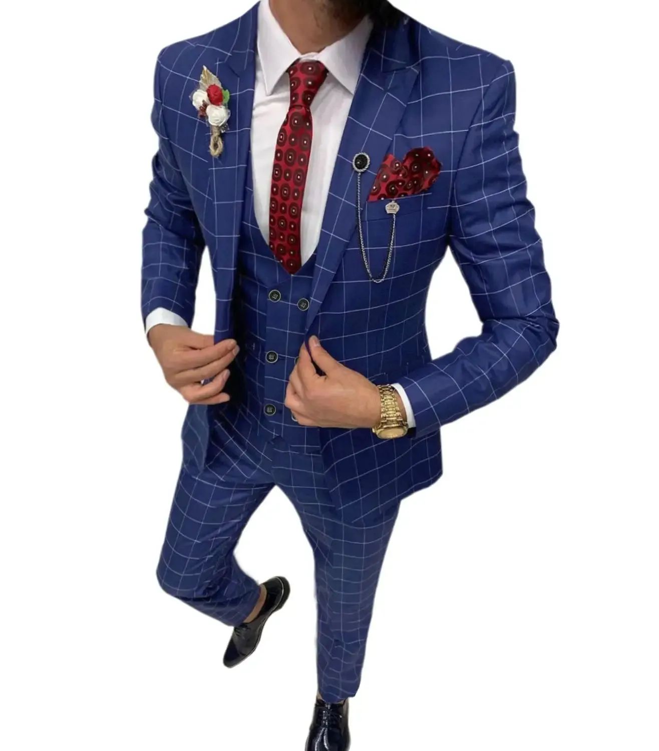 Suits Royal Blue Casual Men's Suit Slim Fit Type 3 Pieces Double Breasted Breattable TR Plaid Thin Prom Dress Jacket Party Travel