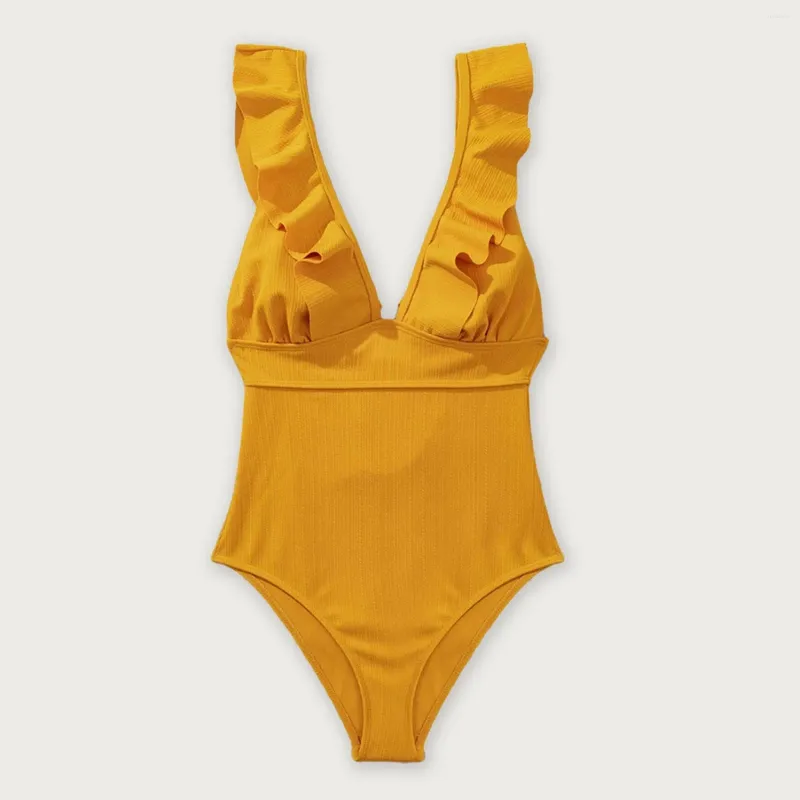 Swimwear pour femmes Sexy V cou de cou au dos d'ouvre volant à volants couvrent le ventre conservateur de maillot de bain mince du ventre chaîne de bikini