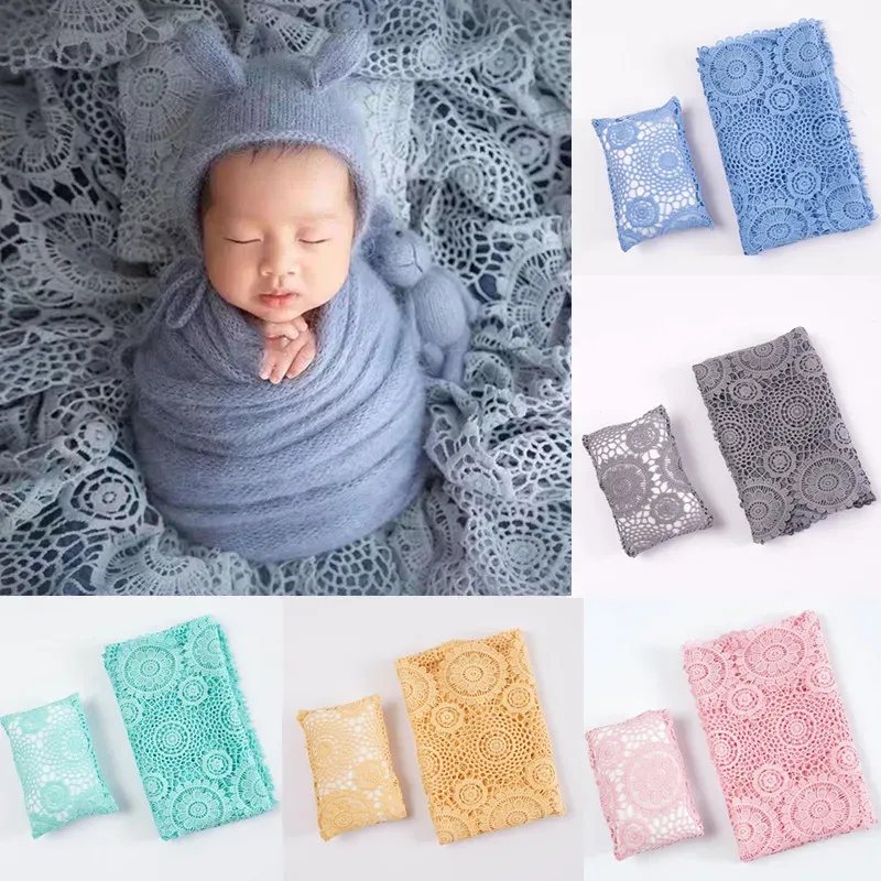 Pillows 2 Pcs Baby Swaddling Wrap Blanket and Pillow Set Newborn Photography Props Hollow Lace Blanket Girl Boy Photo Shoot Accessories