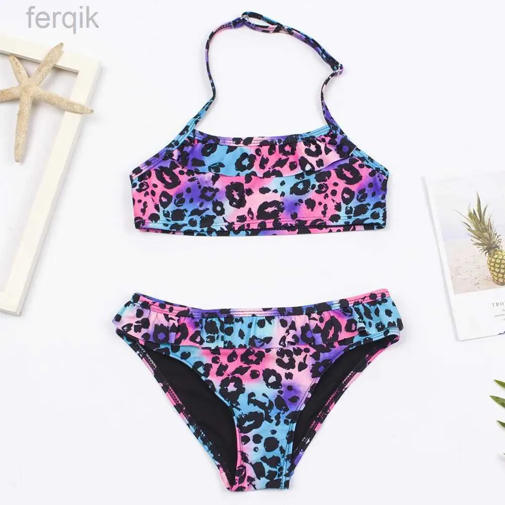 Women's Swimwear 7-14 Years Falbala Leopard Print Girls Kids Swimsuit Swimwear 2023 Kid Summer Bikinis Set Children Halter Biquini Swimming Suit d240424