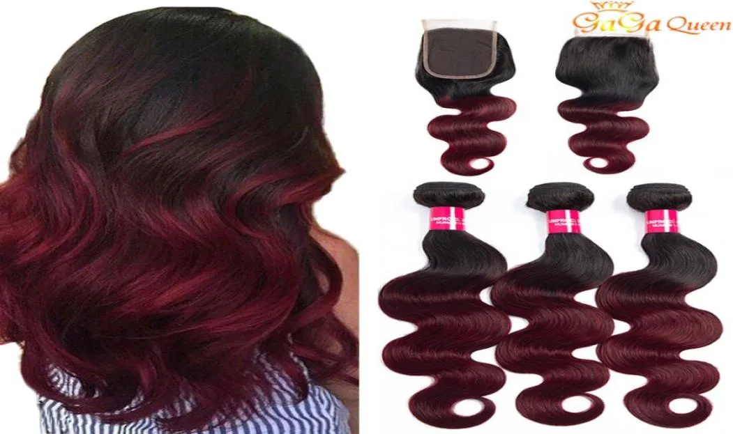 ombre pêlos de onda corporal com encerramento Bundles de cabelo peruano Borgonha com fechamento 1b99j ombre Human Hair 3 Pacacos com fechamento2845187