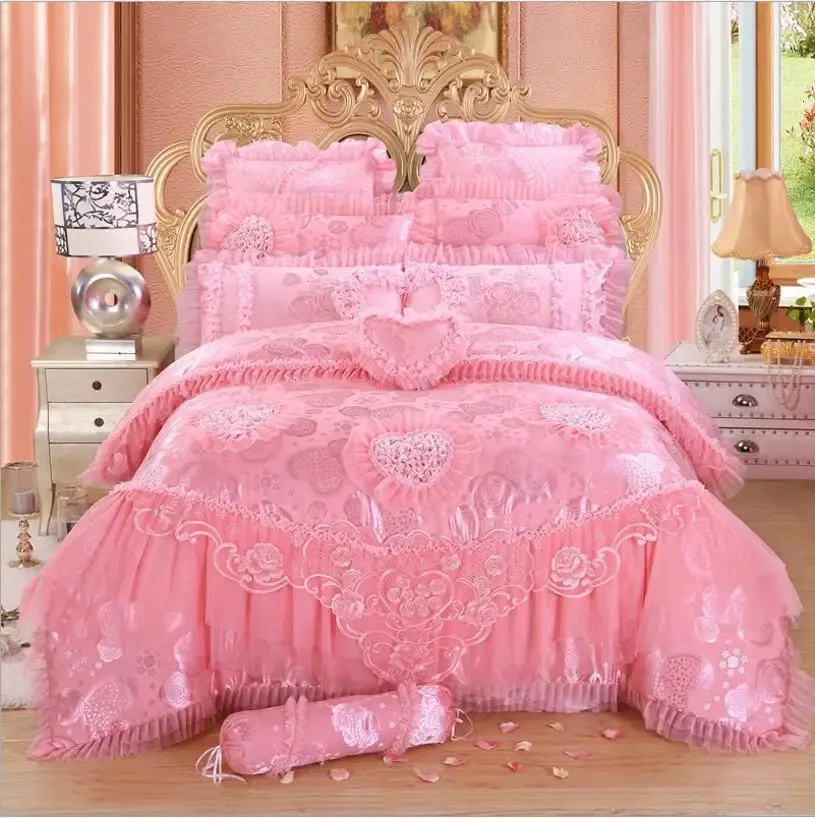 468pcs Red Pink Lace Princess Bedding Set Luxury Girls Wedding Bed Set Quilt Cover Bed Sheets Queen King Size Design 240416