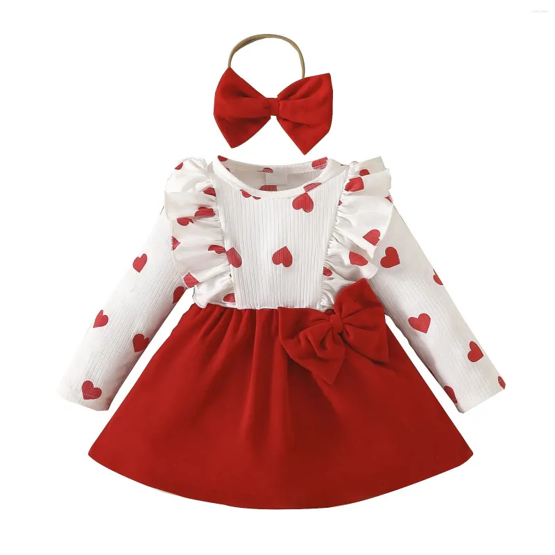 Mädchenkleider Kind Kleinkind Baby Valentinstag Outfit Herz Rüsche Langarm Kleid Stirnband Frühling Fall Säuberung für Mädchen