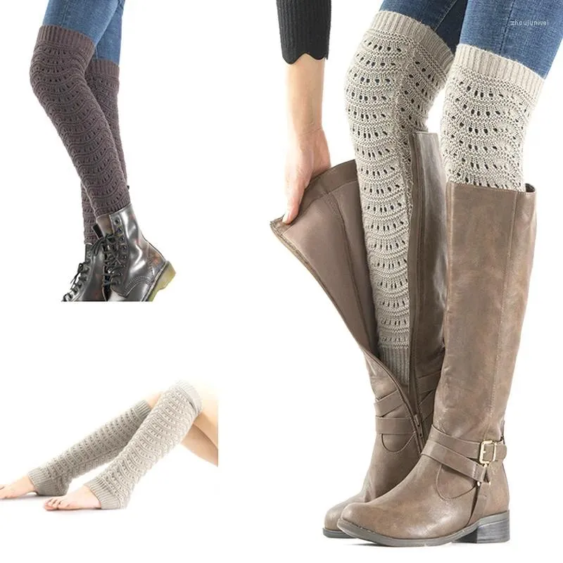 Women Socks Knitted Foot Cover Autumn Winter Outdoor Knee High Elastic Crochet Hollow Sock Fashion Solid Color Boot Cuffs