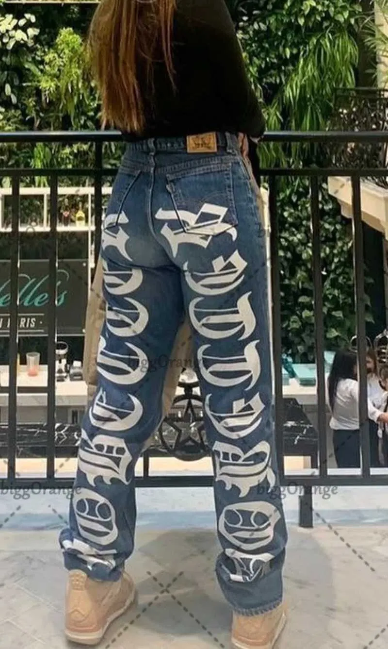 Dżinsy damskie Y2K workowane dżinsy kobiety retro litery wydrukowane dżinsy z wysokiej talii Hip Hop punk proste podłogowe dżinsowe spodnie streetwear Hot 240423