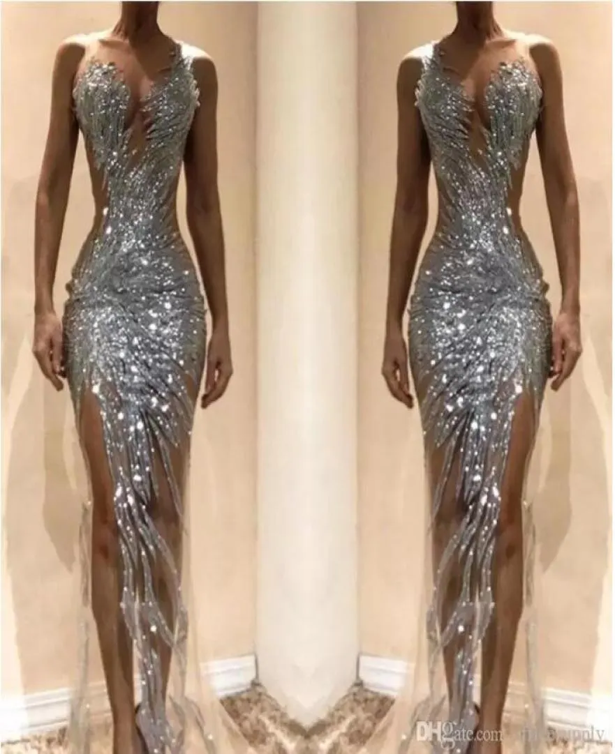 Sparkly Silver Mermaid Prom Dresses 2022 Sexig Se genom paljetter Bodice Split Long Women Eccase aftonklänningar skräddarsydda BC0625532256