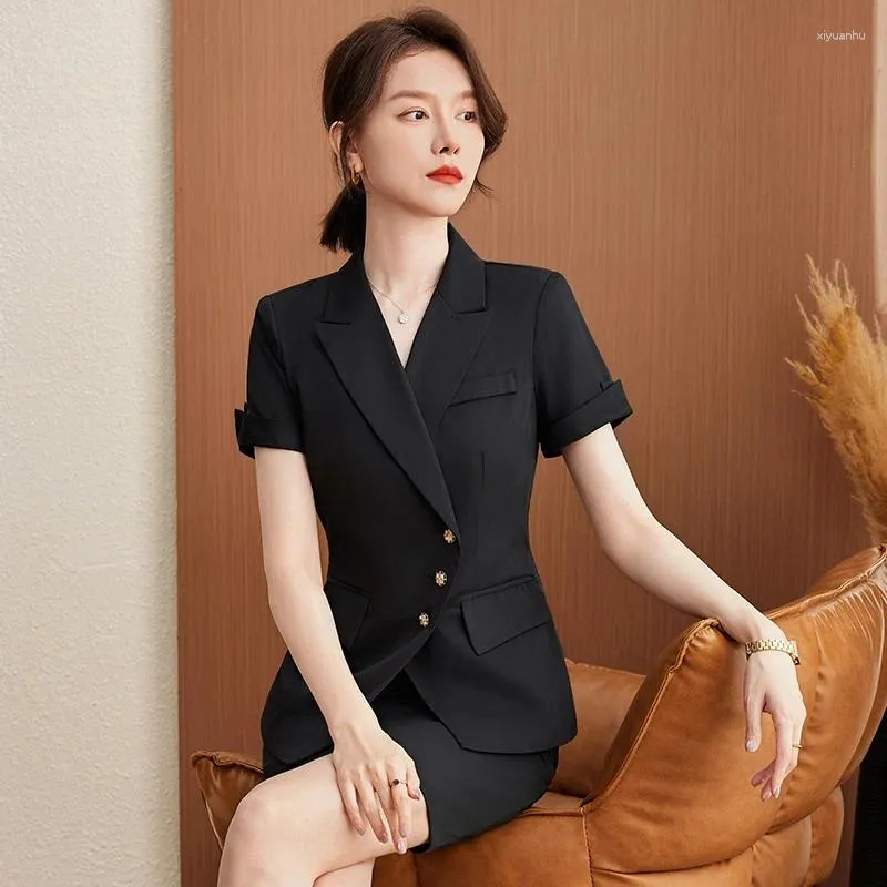 Robe en deux pièces mode noir Blazer Women Business Suits Jupe et haut set de veste d'été Bureau des dames de travail