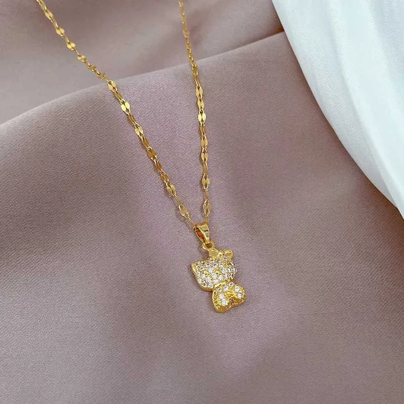 Necklaces Stainless Steel Gold Color Plated Pendant Supplies Micro Pave Zircon Beautiful Cat Bowknot Love Necklace For_voghion.com