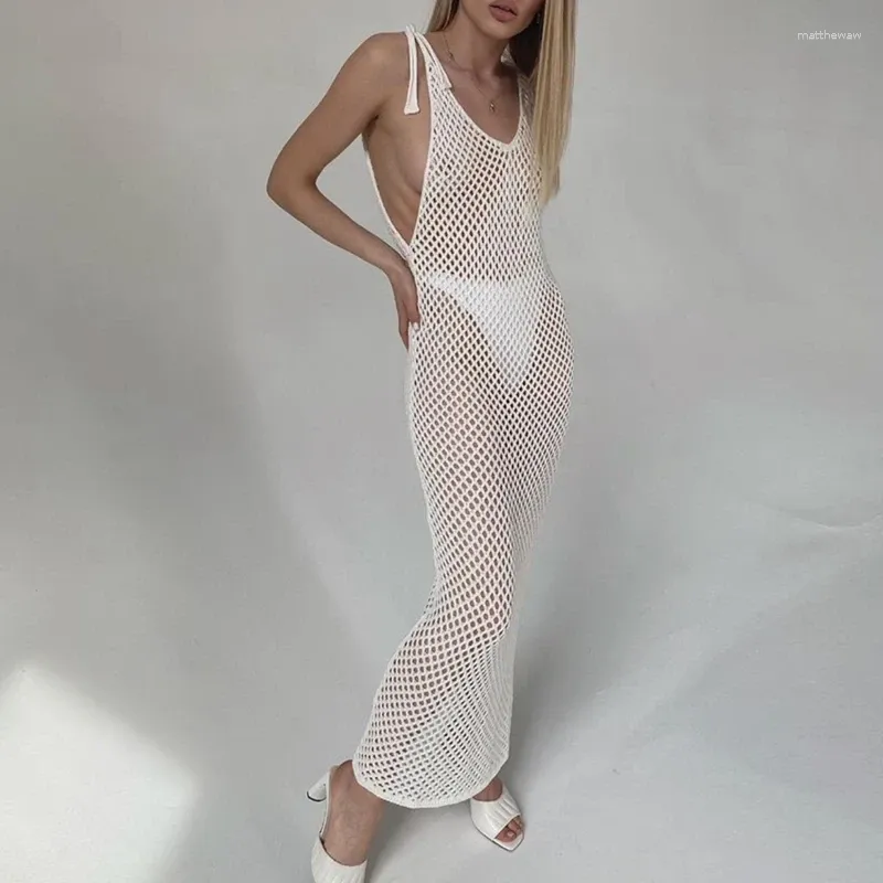 Casual Dresses Beach Style Crochet Fishnet Long Dress Sexy V Neck Tie Up Strap Bikini Cover-ups Women Low Cut Backless Knitted Maxi