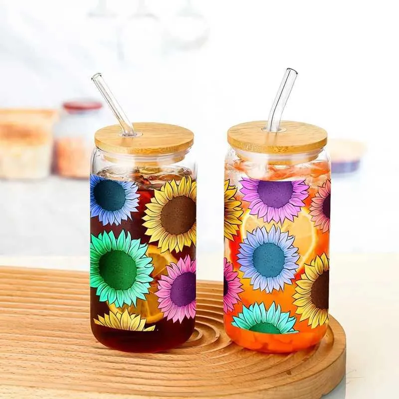 Tumblers impressos 3D Girassol colorido de girassol de 16 onças copo de vidro copa pode água com tampa de bambu palha bebendo vidro de vidro de café xícara de café H240425