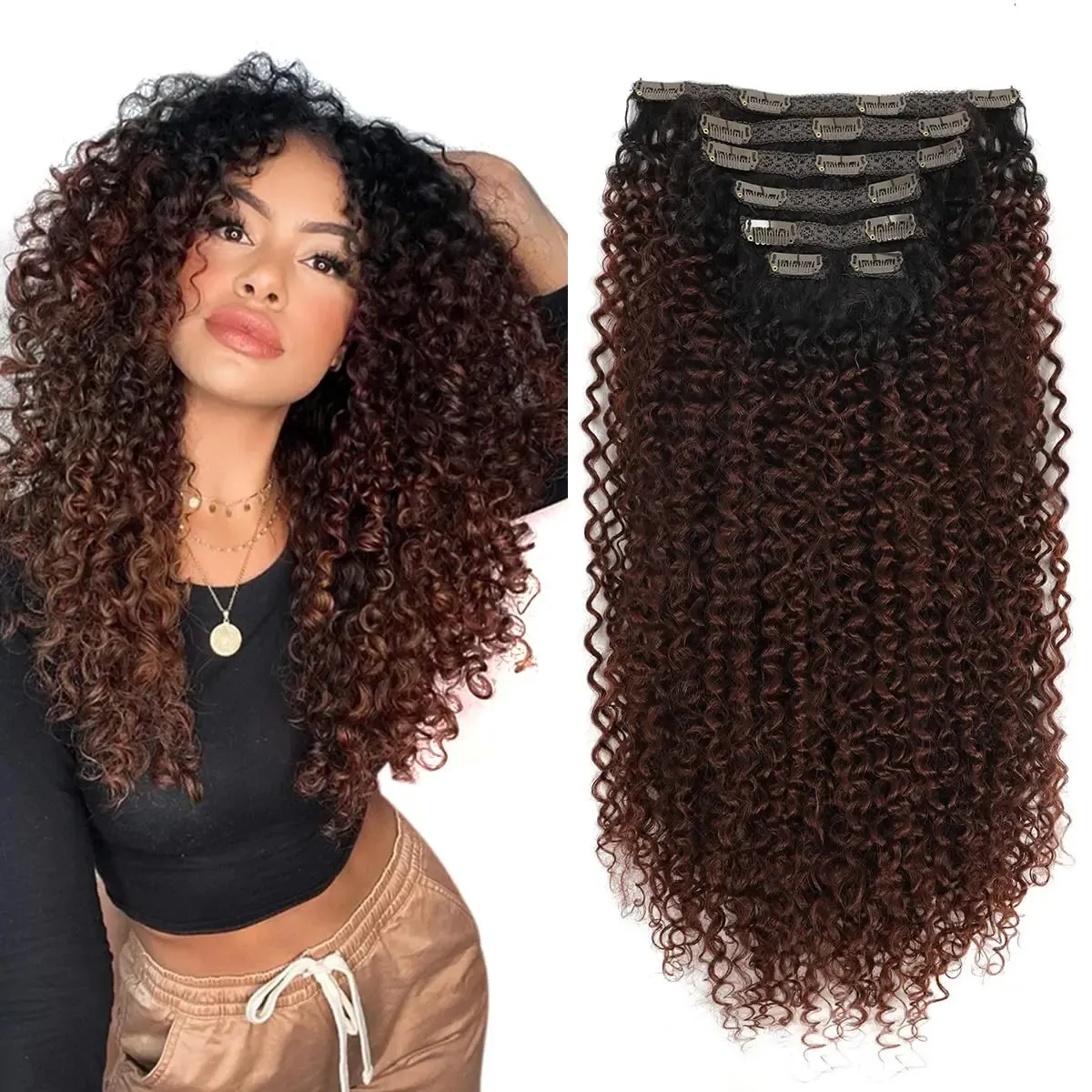 Clip sintético en cabello Cabeza completa Long 26140g Piezas falsas de rizado afro Kinky Clipon Blacke Brown Batina para mujeres 240410