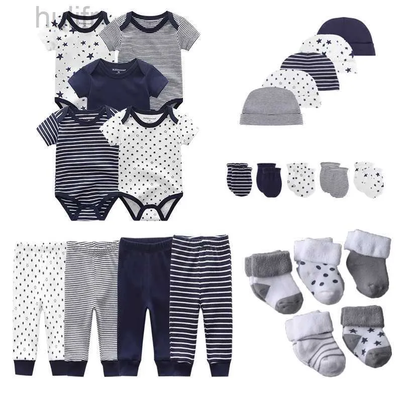 Rompers 15/24 -stycken nyfödda baby rompers+byxor+vantar+hattar+strumpor sätter 100%bomullstryck unisex baby flicka pojke kläder set d240425