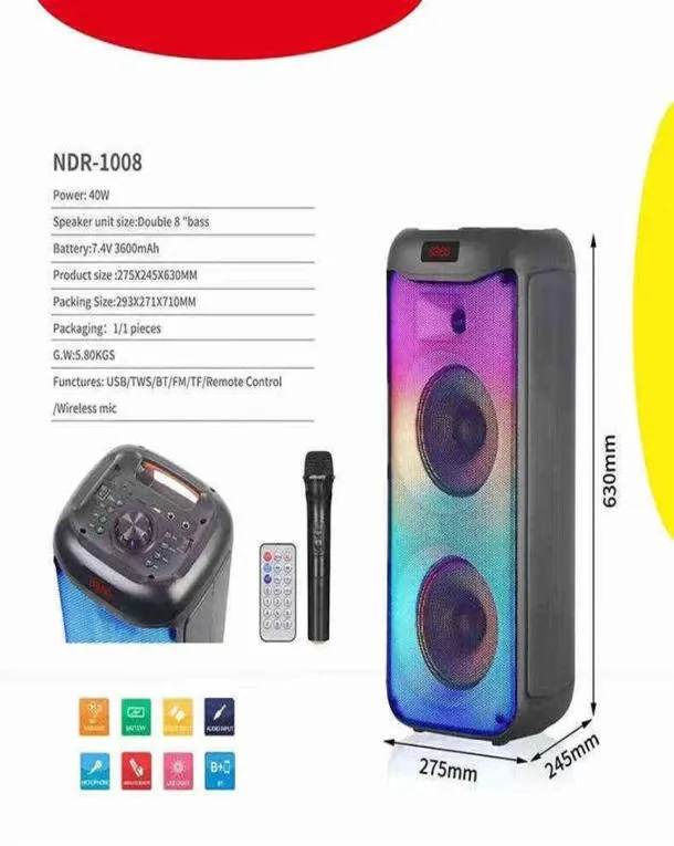 Kinglucky New Partybox RGB Marquee Light Handle Outdoor Handle Bluetooth En haut-parleur double pouce Z Bass avec LED Flame Light J220523196J8079317