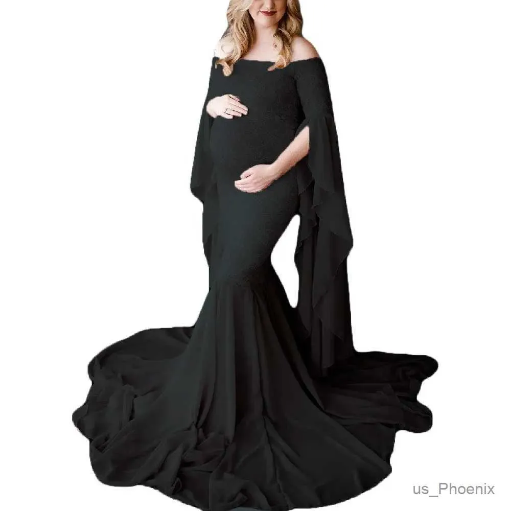 Zwangerschapsjurken Zwangerschap Off Schouder Maxi Photography Dress Mermaid Ruffle Sleeve kanten jurk voor baby shower photo props