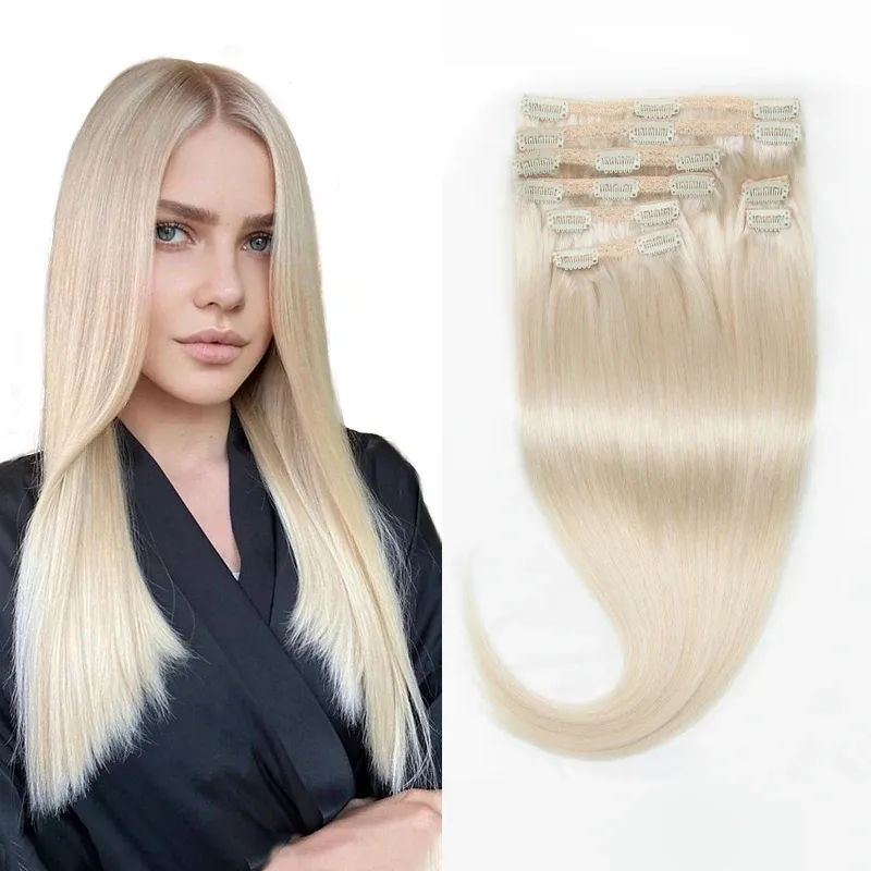 Extensions MrShair Blonde Clip dans les cheveux extension des cheveux humains Hair Natural Extensions Mega Hair tic Tac Clion Cheveux 8 PCS Tête complète 14 "24"