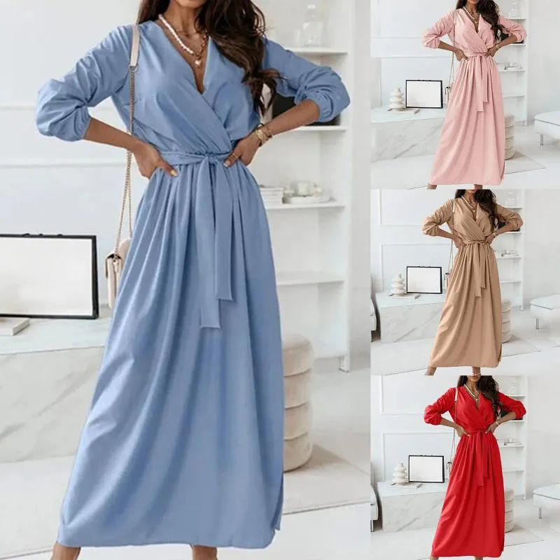 Casual Dresses Women Fashion Long V-neck Elegant Soft Dress Sleeve Solid Color Beautiful Party For Summer