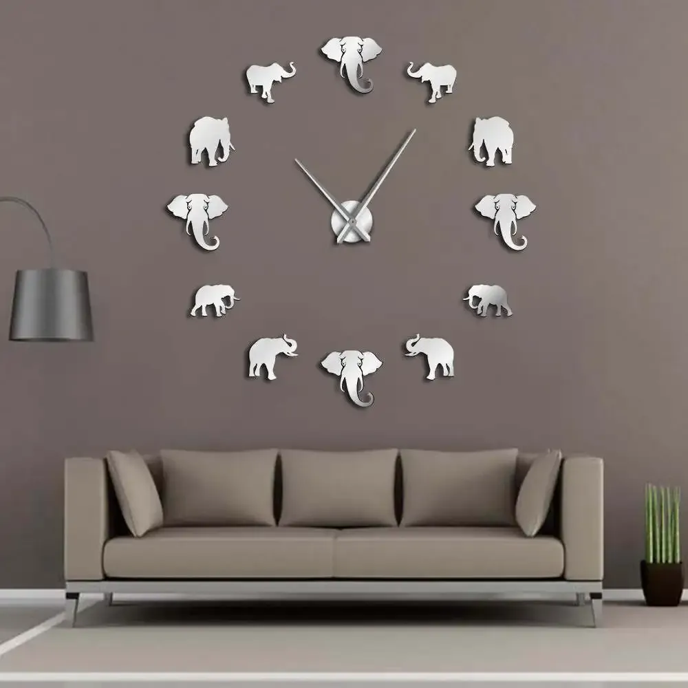 Horloges Acrylique Miroir Autocollant Elephant Mur Horloge Grande horloge silencieuse Mouvement suspendu Sticker Watch Stickers Horloge Living Room Decor