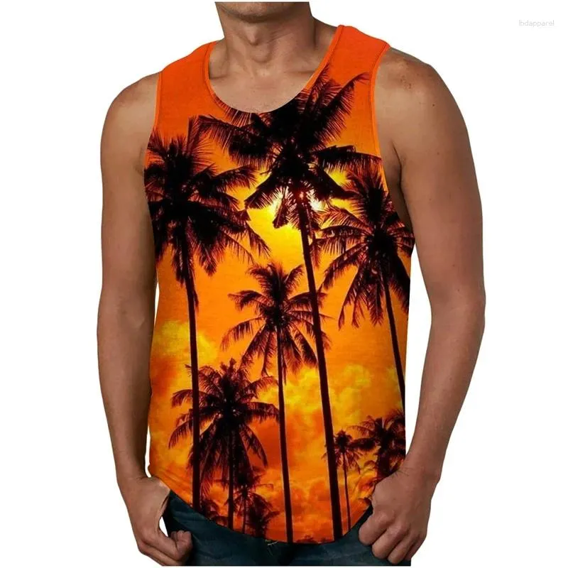 Herrtankstoppar palmträd grafisk topp för män 3d tryck ärmlösa strandmän överdimensionerade Hawaii väst t-shirt kläder
