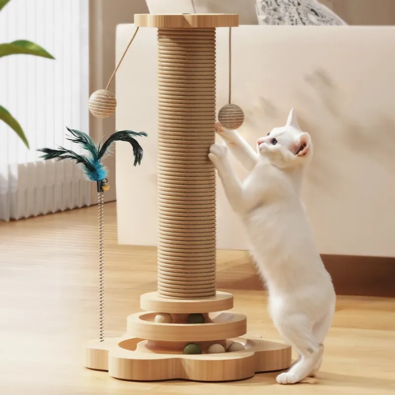 SCRACKERS PET Cat jouet en bois massif Cat Turnetable Srape de chat drôle Tower Sisal Sisal Scratch Board Tree Cat Grab Post Cat Supplies